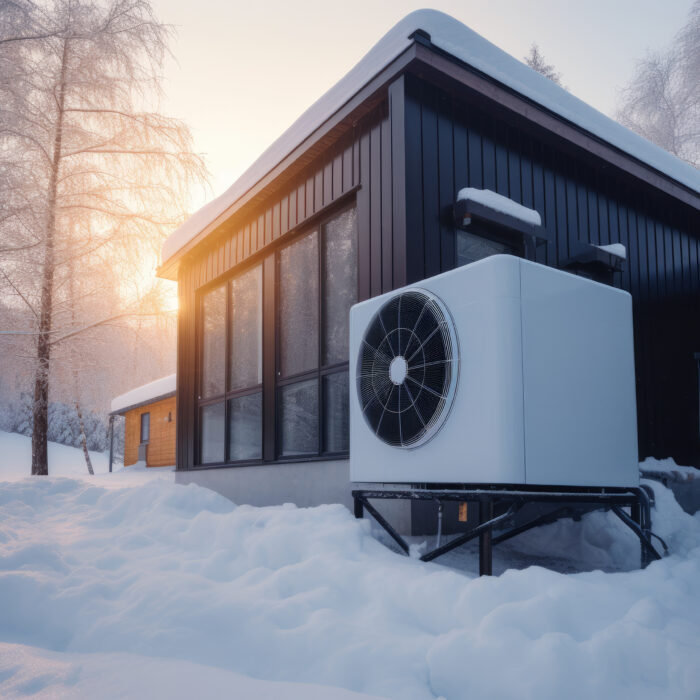 heat pump outside of a snow covered house, winter time, generati