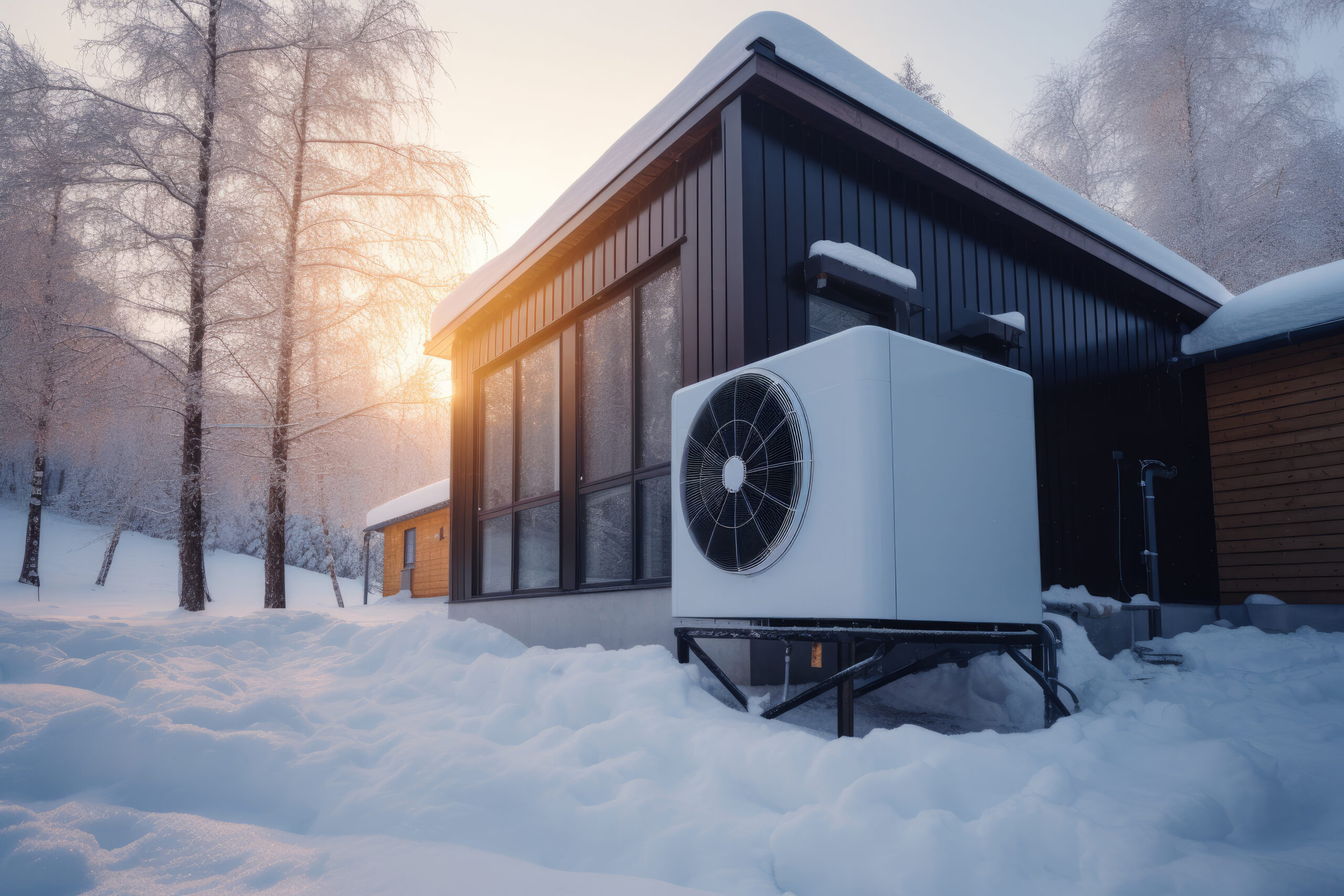 heat pump outside of a snow covered house, winter time, generati