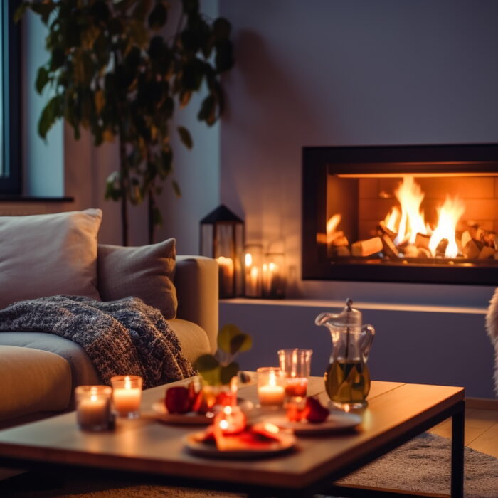 cozy room with sofa ,candle light and kamin on front evening windows ,urban city life modern design