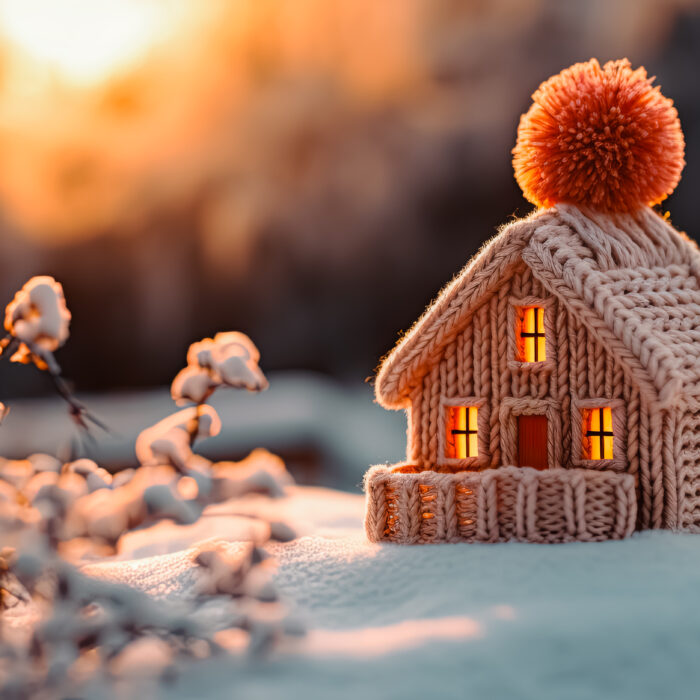 house in winter heating system concept and cold snowy weather with model of a house wearing a knitted cap