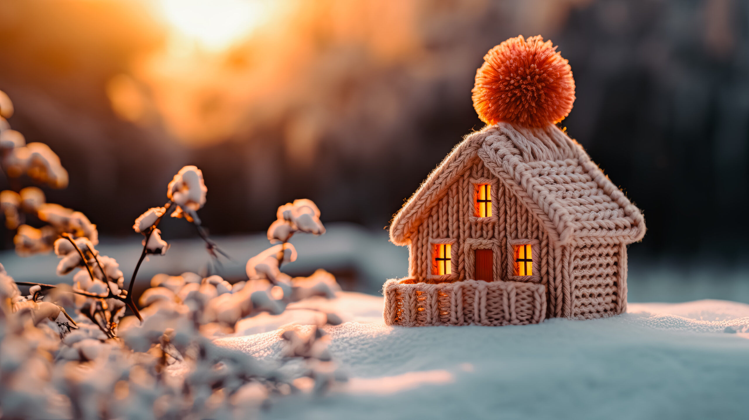 house in winter heating system concept and cold snowy weather with model of a house wearing a knitted cap