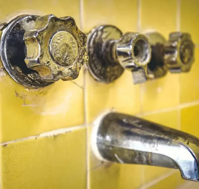Close-up of corroded and tarnished bathroom faucet handles and spout against yellow tiles, suggesting buildup or decay that could contribute to issues like clogged shower drains.