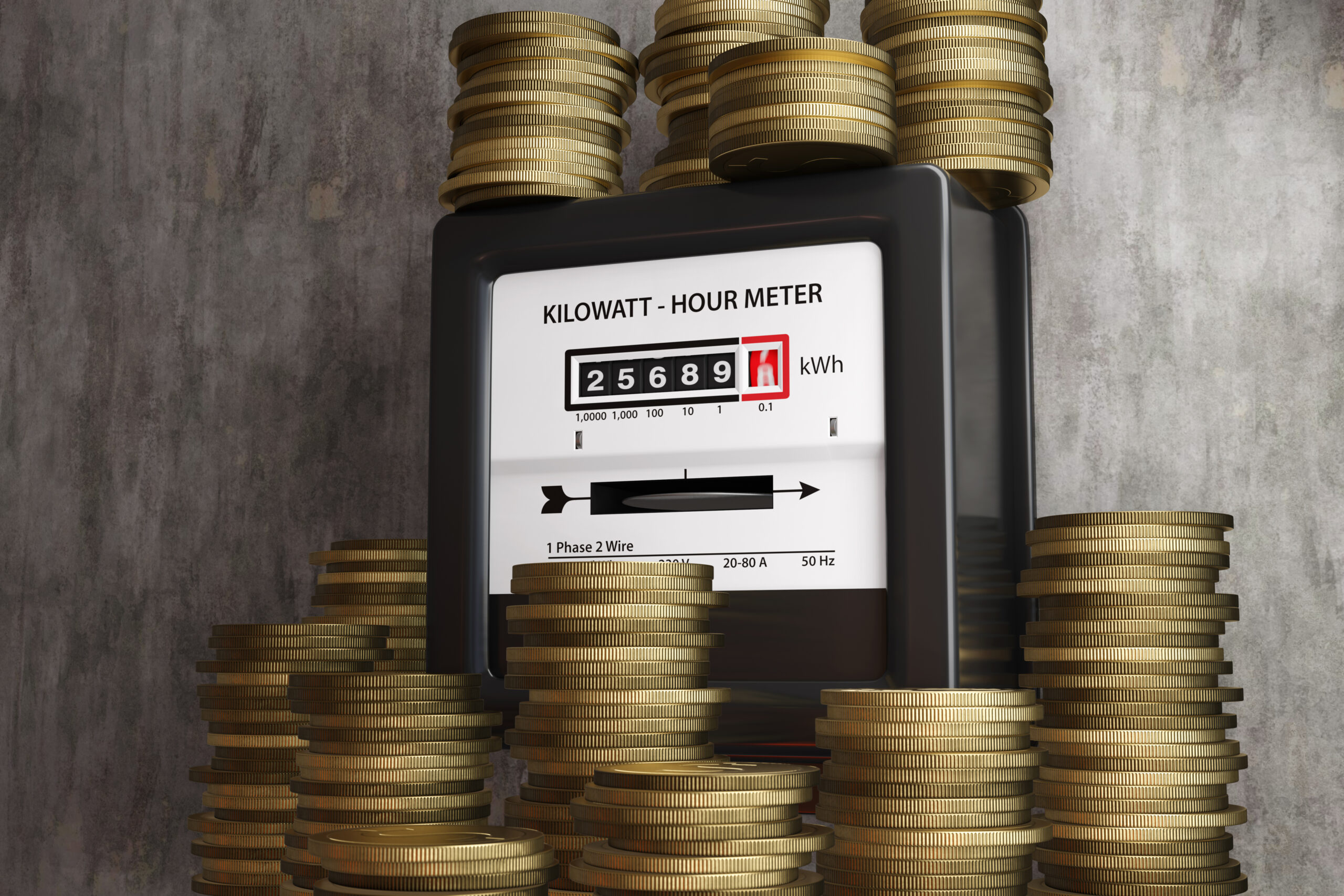 Stacks of gold coins around an electric meter. Illustration of the concept of increasing household energy bills.