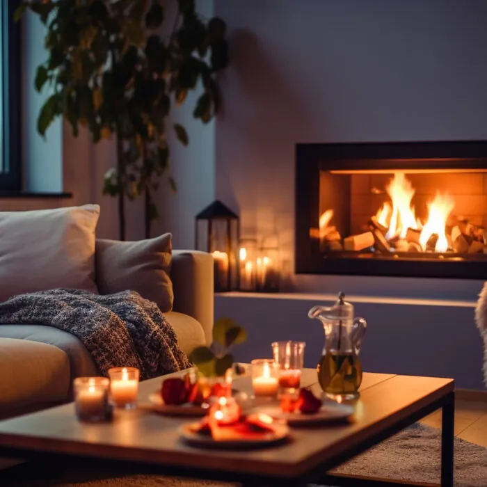 cozy room with sofa ,candle light and kamin on front evening windows ,urban city life modern design