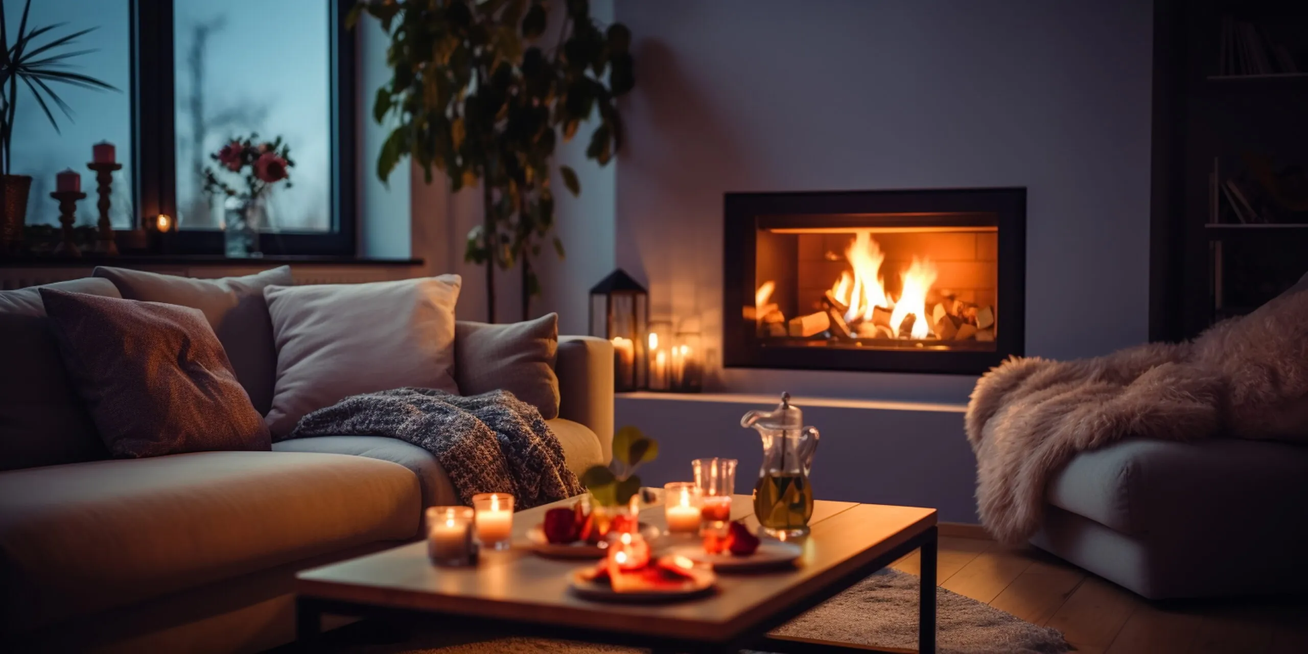 cozy room with sofa ,candle light and kamin on front evening windows ,urban city life modern design