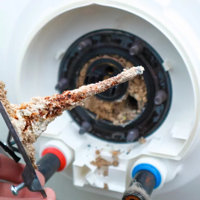 Water heater repair. Repair and maintenance of boilers. The master plumber pulls out a tubular electric heater covered with lime scale from the hole in the boiler.