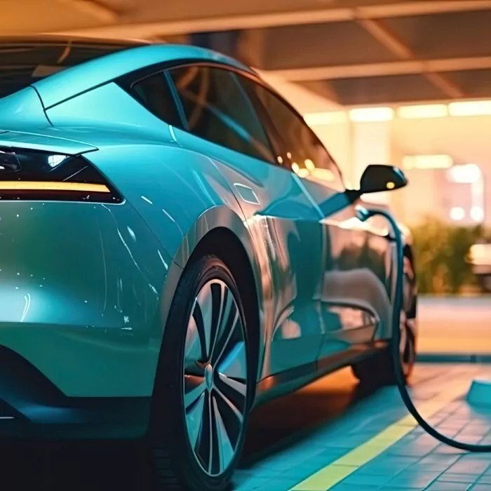 Power supply connected to electric vehicle charge battery. EV charging station for electric car or Plug in hybrid car. Automotive innovation and technology concepts. Generative Ai